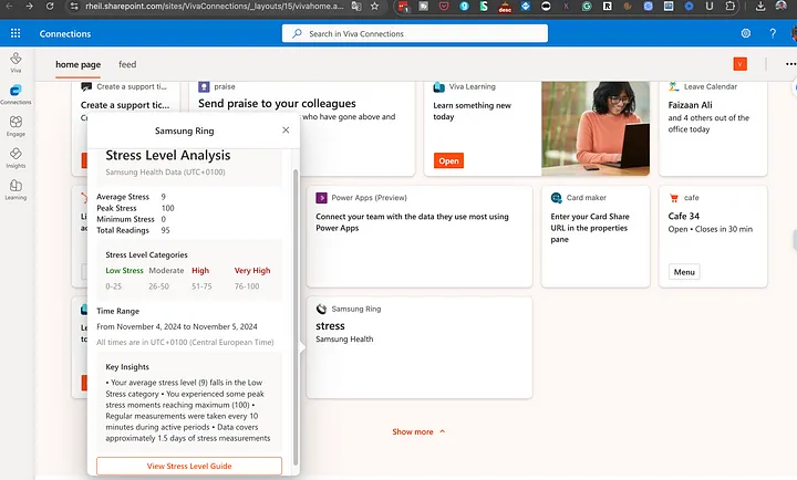 Viva Connections Adaptive Card displaying my Stress Level
